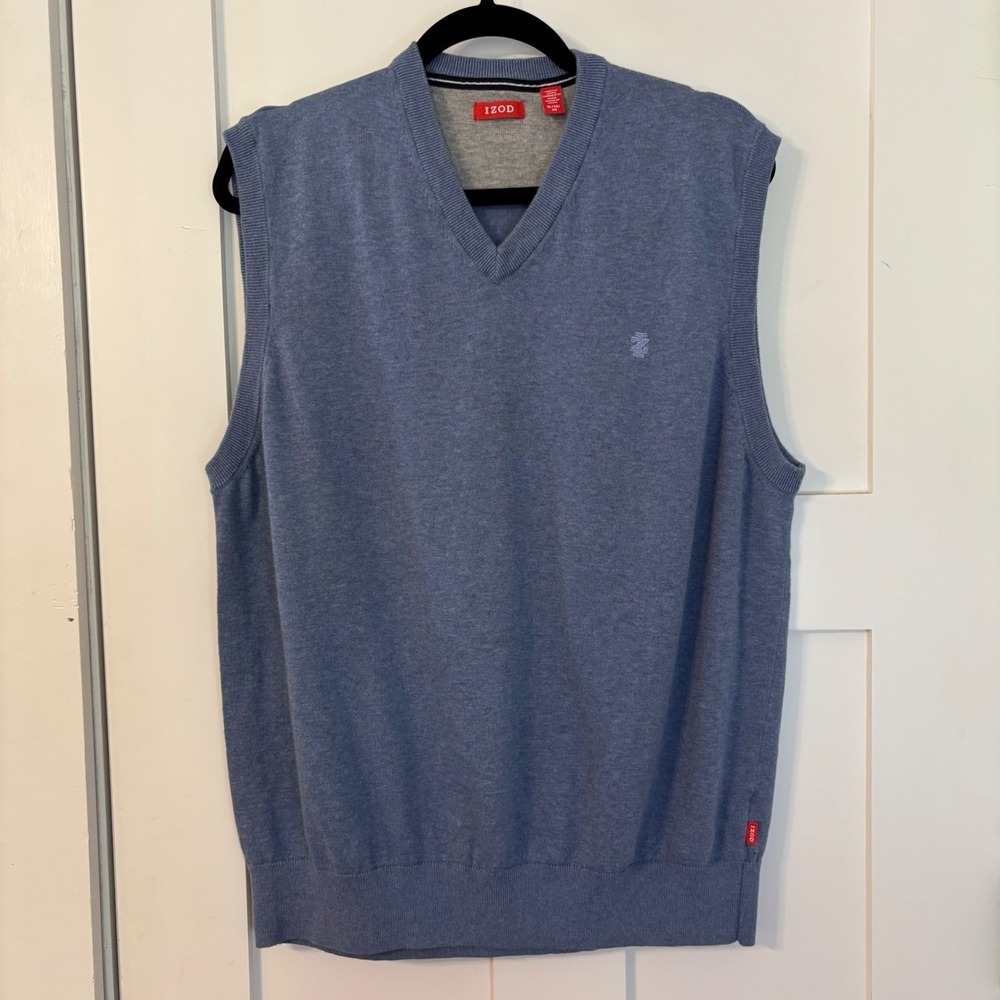 Izod Mens V-Neck Sweater Vest XL Blue Heather 100% Cotton Sleeveless Pullover